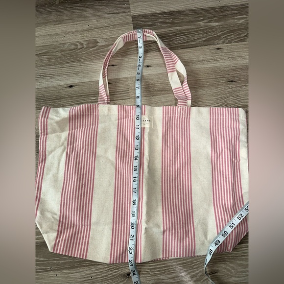 SEZANE Striped Cotton Tote Bag Large Canvas Natural Pink Double Handle - Picture 5 of 6